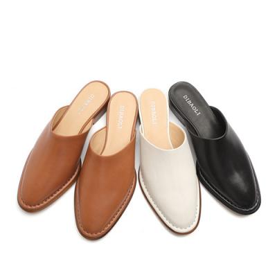 China Flats Slippers Women Female Ladies Mother Genuine Black Leather Mules Dress Shoes Chunky Heel Pointed Toe for sale