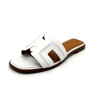 China Custom Logo Slide Sandal Slippers Leather White Low Small Heels Sandals For Women for sale