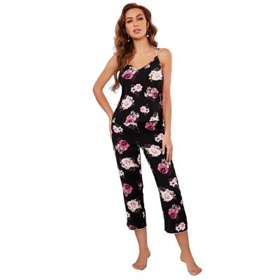 China 2021 Summer New QUICK DRY Korean Floral Sleeveless Camis Set Pajama Pants Ladies Night Wear Outfits 2 PC Calf Length Sleepwear For Women for sale