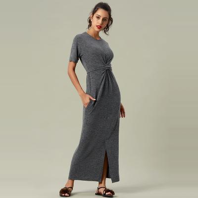 China Breathable High Quality Gray Women's Long Sleeve Maxi Dress Polyester Spandex Trend Loose Sweater Knitted Casual Dresses Wholesale for sale