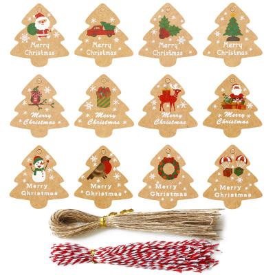 China Retro 2021 Creative Waterproof Christmas Tree Tag Wrapping Paper Christmas Tag 12pcs Bundle Cards With String for sale