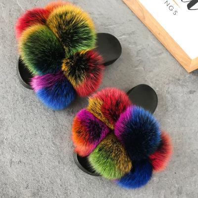 China Custom Pom Pom Slides Ball Slippers Real Fox Fur Kids Durable Fluffy Furry Shoes Women Large for sale