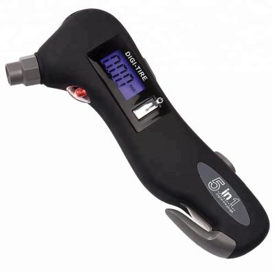 China 5 in 1 Tire Gauge Car Digital Tire Pressure Gauge With LED Light Flashlight Safety Hammer Seat Belt Cutter Function 16.4*6.7*2.5cm for sale