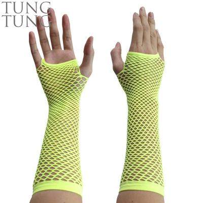 China Fluorescent Yellow Industrial Netting Halloween Netting Long Fingerless Gloves for sale