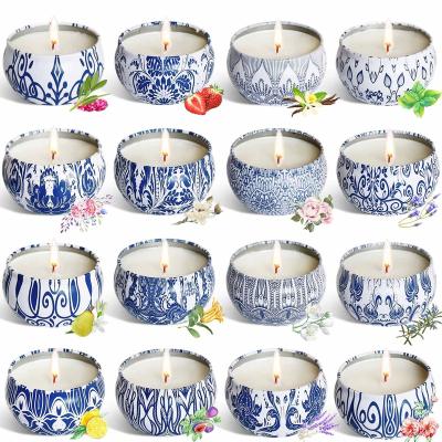 China White and Blue Porcelain Scented Chinese Factory Outlet Blue and White Porcelain Tin Pure Natural Green Soy Wax Decorative Scented Home Candles Gift Box 2.5Oz for sale