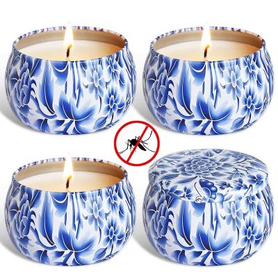 China Scented Pillar Candle 4.4Oz Set 4pcs Citronella Essence Mosquito Soy Wax Repellent Handcrafted Candle In Portable Blue And White Porcelain Tin Jar for sale