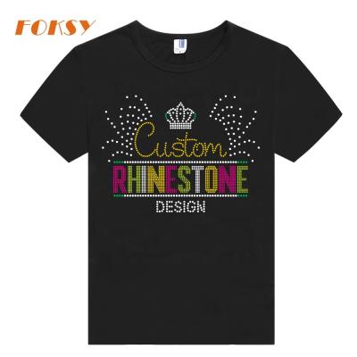 China Breathable Rhinestone Design OEM Pattern Custom Iron On 100% Cotton Bling T-Shirt for sale