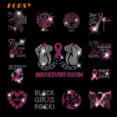 China Easily Transferred To Apparel Pink Breast Cancer Awareness Ribbon Bling Rhinestone Iron On Transfer for sale