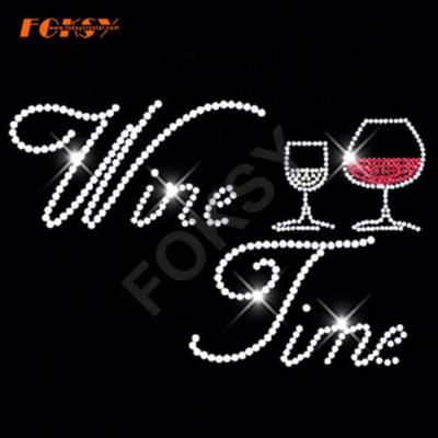 China Flatback Wine Time! Wine Rhinestone Heat Transfers, Potable Hotfix Iron On Transfers for sale