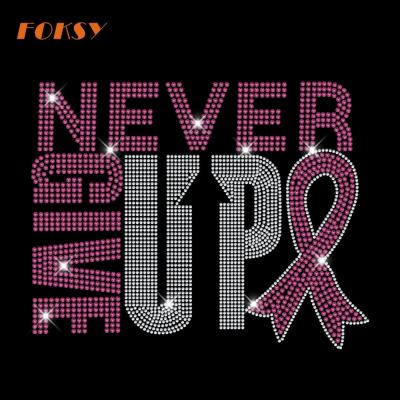 China Easily transferred to apparel NEVER GIVE UP Breast Cancer Awareness Hotfix Rhinestone design for Hoodies for sale