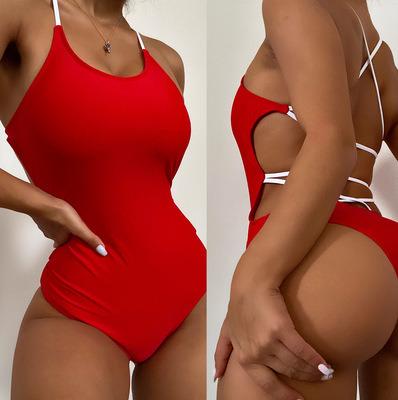 China Breathable Crimson One Piece Monokini Hollow Back Bikini With Pad for sale