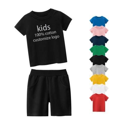 China Summer Cotton Print Kids Clothes Casual Custom Short Sleeve T-Shirts Shorts Set Logo Clothing Suit for sale