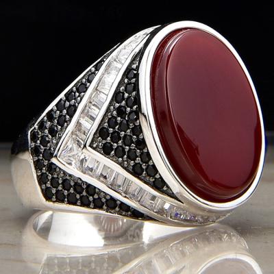 China Fashionable Wholesale Custom Red Stone Mens Agate Man Factory Silver Ring for sale