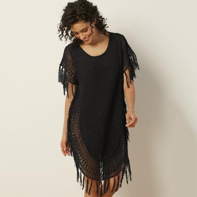 China 2022 Breathable Black Sweater Beach Blouse Beach Cover Up Mesh Cover Up Beach Dress Knitted Kaftan Fabric for sale