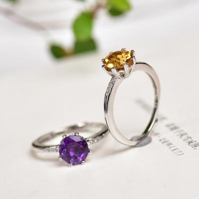 China Europe Nature Amethyst High Quality Citrine Ring 925 Sterling Silver Inlay Crystal Ring For Woman Gift for sale