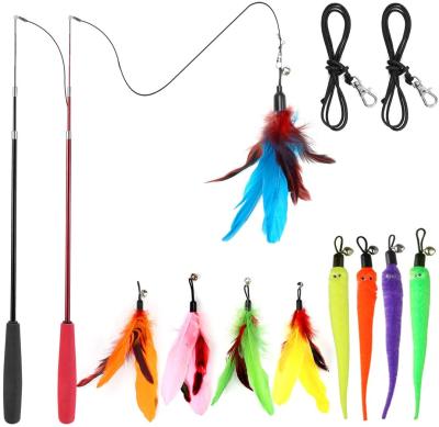 China Sustainable Interactive Cat Toys, Retractable 2PCS Cat Wand Toy, 9PCS Worm Feathers, 2PCS Extra String with Extra Clasp for Cats Play Hunting for sale