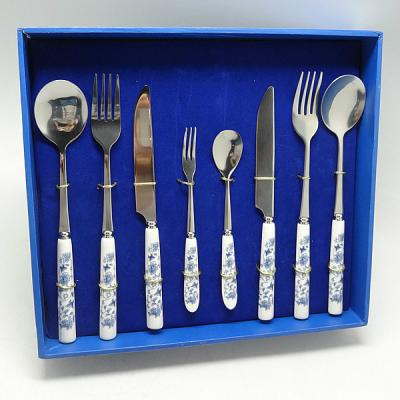 China Sustainable Flatware Set 8pcs Blue Knife Fork And Spoon And White Porcelain Cutlery Set With Box for sale