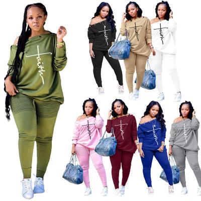 China printable 4xl plus size clothing women two piece set tracksuit one shoulder t-shirts pleated pants fits 2 piece pants set for sale