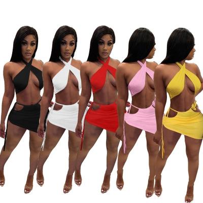 China QUICK DRY Club Halter Mini Dresses For Women Party Lace Up Bikini 2021 Sexy Hollow Backless Skinny Off Bandage Drawstring Dresses for sale