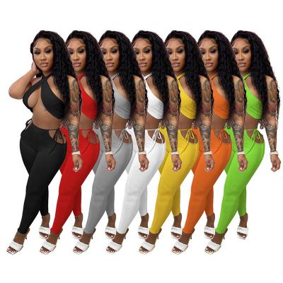 China 2022 Summer Tube Top 2 Piece Club Wear One Piece Sexy Seamless Backless Bandage Legging QUICK DRY Two Piece Set Outfits Pants Suit for sale