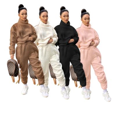 China 2020 Viable Winter and Autumn Women Clothing Cute Two Piece Set Loose Collar Top Fleece Hoodie Sweatsuit Ladies 2 Piece Set for sale