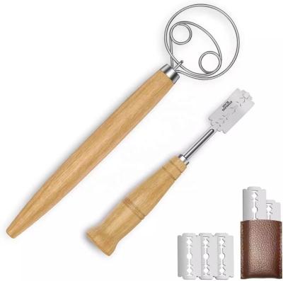 China Sustainable Kitchen Baking Wooden Handle 2 In 1 Dough Beater Mixer Bread Blade Knife Set With 5 Blades for sale