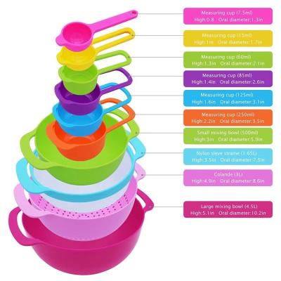 China Sustainable Kitchen Cooking Stackable Nested Plastic Mesh Strainer Measuring Cup Spoons Mixing Arc Set of 10 Strainers for sale