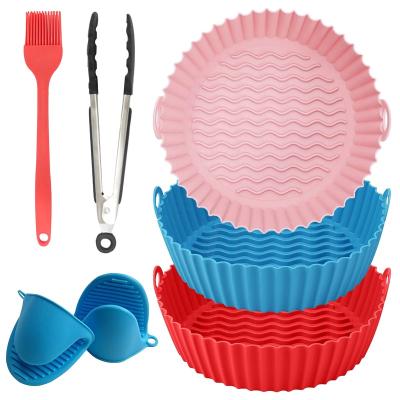 China 7.5 Inch/8.5 Inch Silicone Air Fryer Liners Food Grade Reusable Reusable Silicone Baskets Pots Liners with Oven Mitts Brush for sale