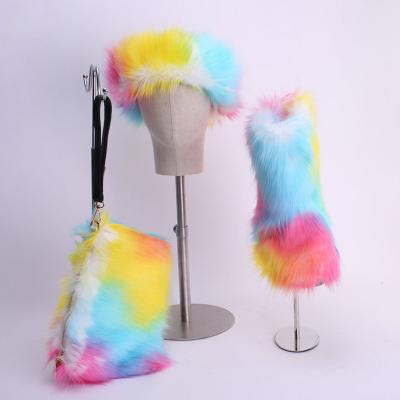 China 2021 Other Color Wholesale Faux Fur Boots With Headband Handbag Set Winter Ladies Warm Fluffy Fur Boots Set for sale