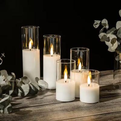 China Birthdays Weddings Clear Glass Flameless Pillar Candles With Timer Flickering Glass Pillar Light for sale