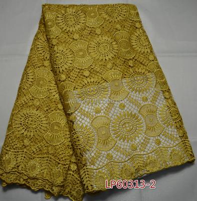 China LP60313-2 Viable Sheer Gold Color Cord Lace Nigeria Guipure Lace Fabric With Beads For Ladies for sale