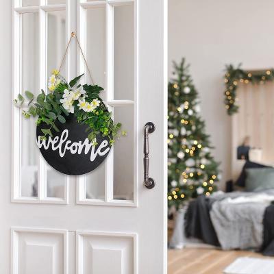 China Wooden Hanging Sign Front Door Sign Wood Decorations of New Design Wooden Black Welcome Sign for Home Garlands for Front Entrance for sale