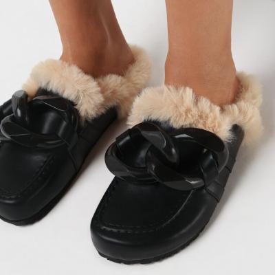 China CUSHIONING Mules Wholesale Chain Loafers Slides Black Leather Sandal For Ladies OEM Shopify Amazon Women Plush Slippers Fur Slipper Sandals for sale