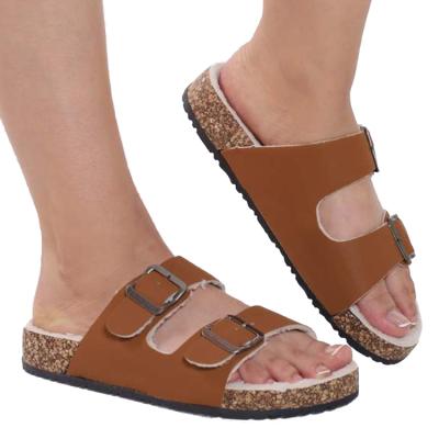 China CUSHIONING Custom Plush Leather Tan Brown Shopify Style Hot-selling Womens Womens Sandals Slippers Wholesale Sandals Cork Shoes Sandals OEM for sale