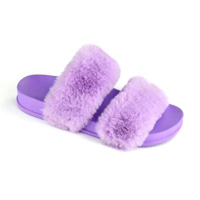 China Fashion Trend Wholesale Colorful Full Plush Double Strap Fluffy Slipper For Women Black Faux Fur Flat Slides Slippers Ladies Sandals Shoes OEM for sale