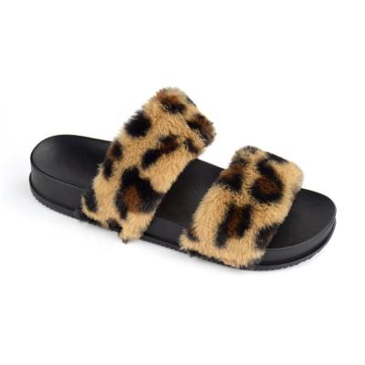 China Fashion Trend Customized Leopard Cheetah Plush Fluffy Strap Slipper For Women Flat Faux Fur Slides Slippers Ladies Sandals Shoes Wholesale for sale