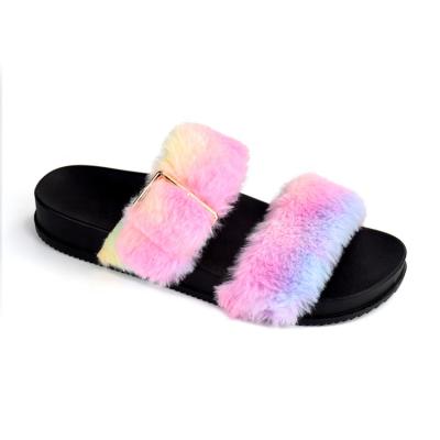 China Fashion Trend Factory Tie Dye Fluffy Plush Slipper For Women Designer Tie Dye Faux Fur Flat Slippers Slips Ladies Sandals Shoes OEM Wholesale for sale