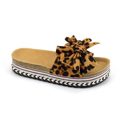 China Custom Factory Fashion Trend Leopard Cheetah Bow Sandals Platform Hemp Rope Bowknot Slide Sandal For Women Slip Heel Slippers Ladies Shoes OEM for sale