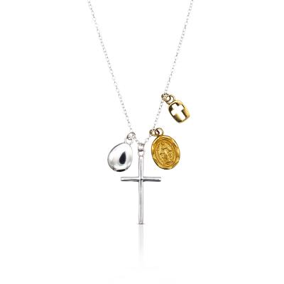 China Trendy 925 Sterling Silver Square Vintage Coin Cross Pendant Necklaces Gold Plated for sale