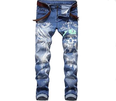 China QUICK DRY Custom Stacked Jeans Mens Custom Pattern Printed Jeans Pants Distressed Denim High Street Ripped Stylish Jeans for sale