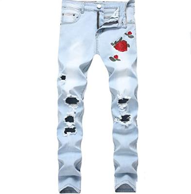 China QUICK DRY Custom Made Garment Stacked Jeans Pants Embroidery Denim High Street Slim Fit Distressed Ripped Pants for sale