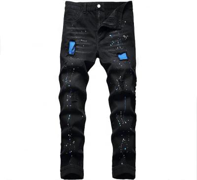 China Private Label QUICK DRY Custom Mens Printed Denim Washed Bottom Distressed Ripped Mens Slim Straight Jeans Pants for sale