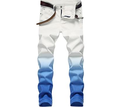 China QUICK DRY custom slim fit straight mens printed denim washed mens gradient color bottom casual ripped jeans for sale