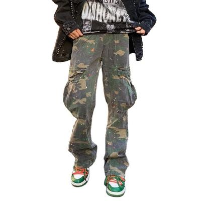 China QUICK DRY custom design vintage green jeans camo cargo regular straight fit washed stacked jeans pants for me for sale