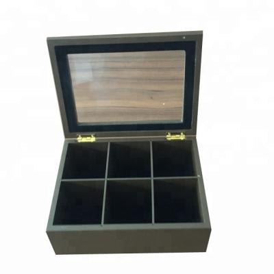 China Handmade Dark Brown Wood Lacquer Finish Hot Sale 6 Compartments Tea Bags Storage Box for sale