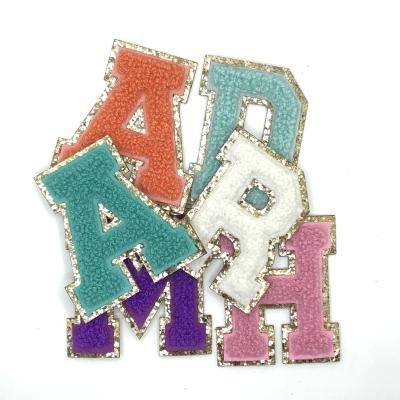 China Sustainable Colorful Glitter Letter Chenille Iron On Patches for sale