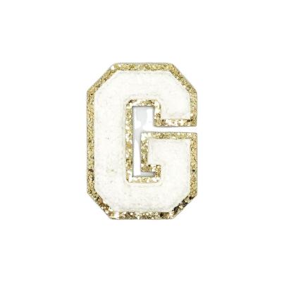 China Viable Custom Embroidered Chenille Patch Of Gold Glitter White Varsity Letter G for sale