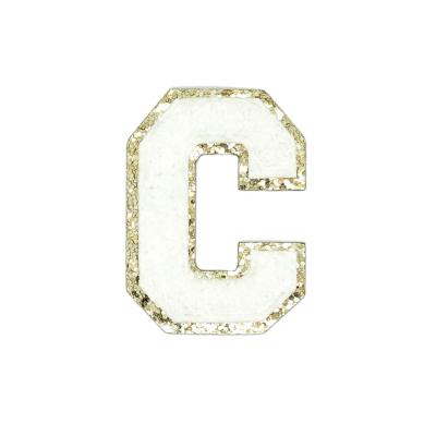 China Viable Custom Embroidered Chenille Patch Of Gold Glitter White Varsity Letter C for sale