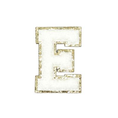 China Viable Custom Embroidered Chenille Patch Of Gold Glitter White Varsity Letter E for sale