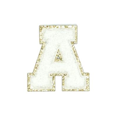 China Viable Custom Embroidered Chenille Patch Of Gold Glitter White Varsity Letter A for sale